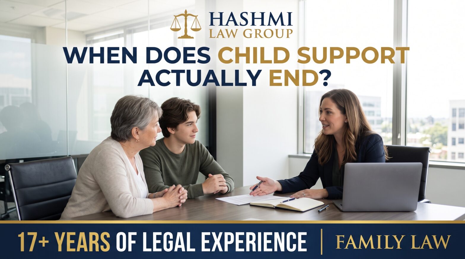 Hashmi Law Group lawyer discussing child support with a parent and young adult.