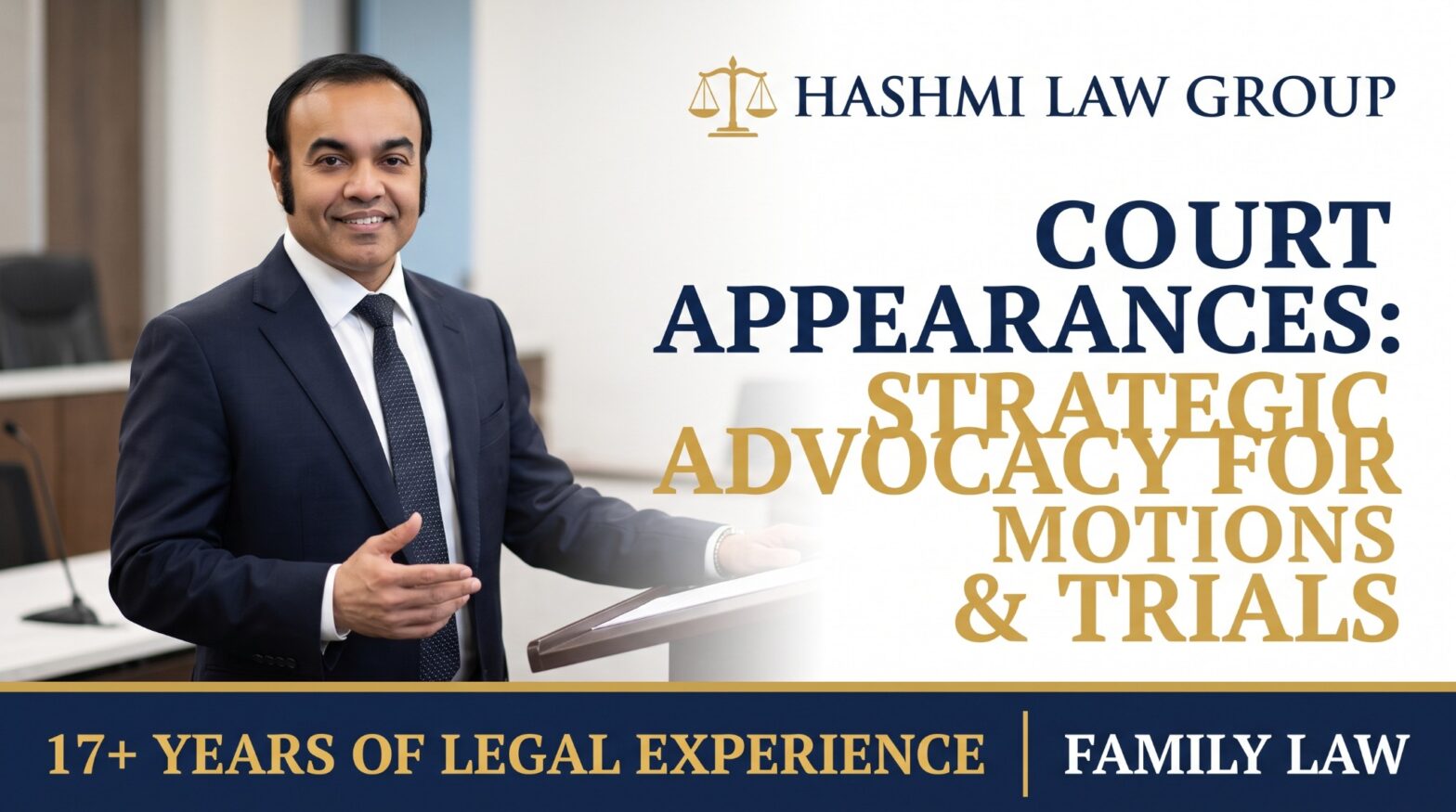 Hashmi Law Group graphic about strategic courtroom advocacy for motions and trials.