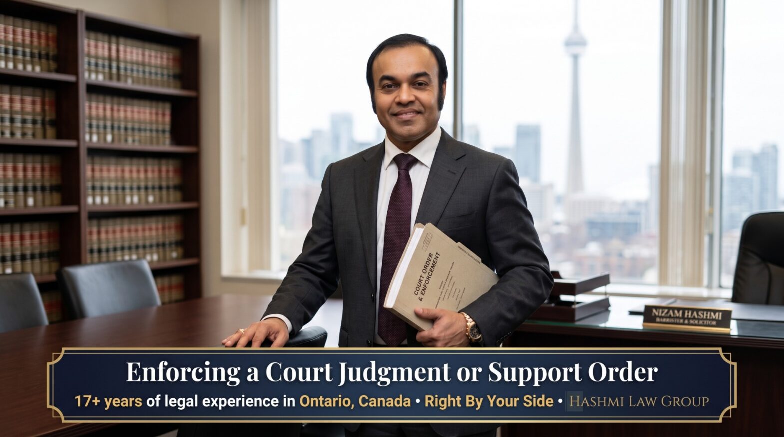Nizam Hashmi with court documents in an office, illustrating enforcement of court judgments and support orders.