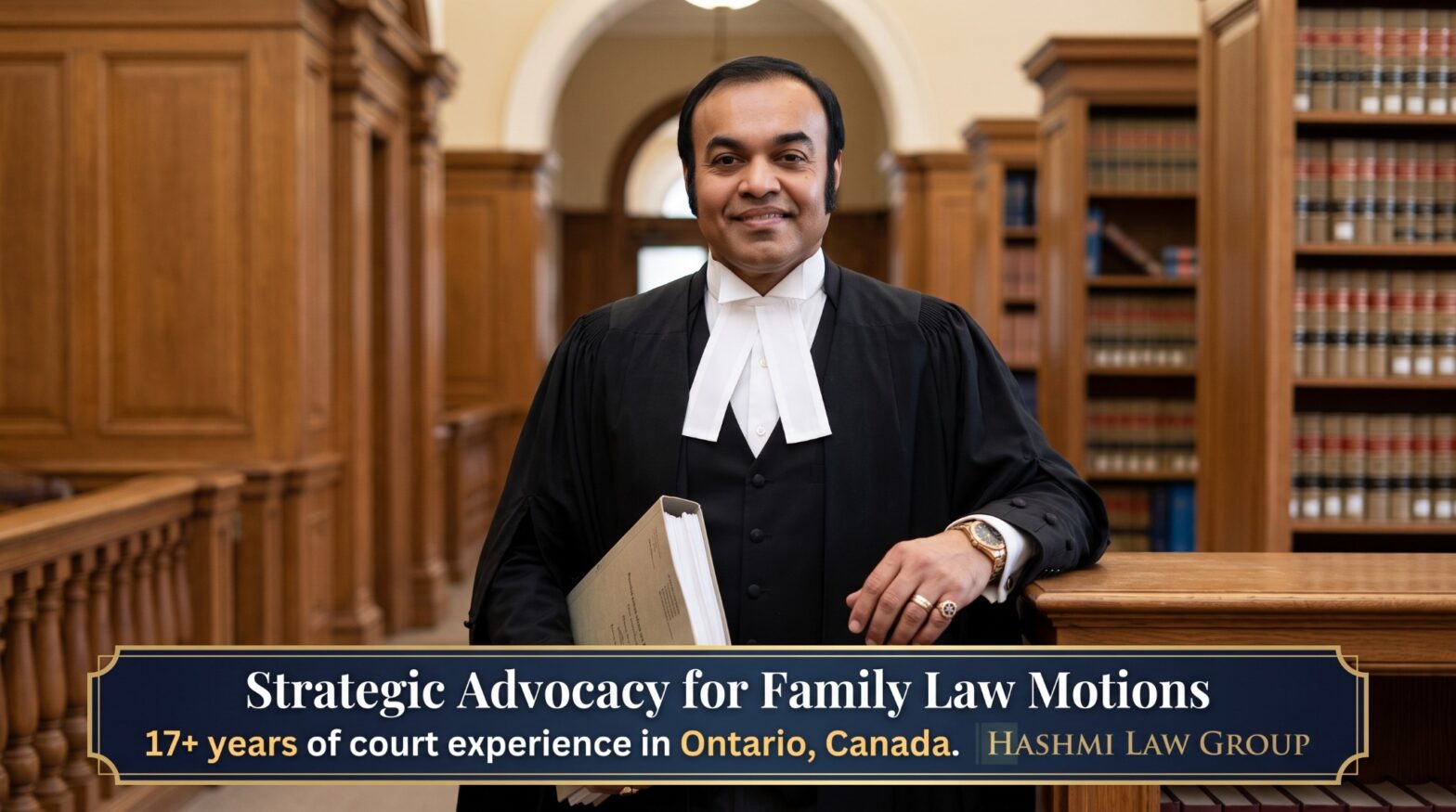 Nizam Hashmi in barrister robes holding court documents, illustrating strategic advocacy for family law motions.